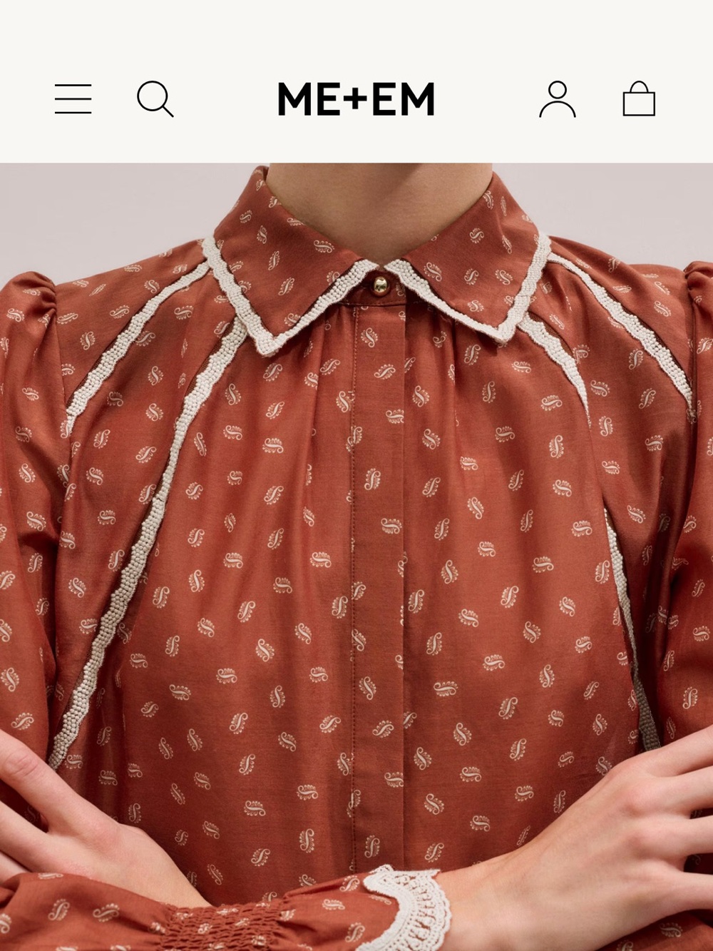 ME+EM Trim Detail Paisley Print Button Down Rust Cream Lace US Size 8 NWT $345 - Picture 7 of 14